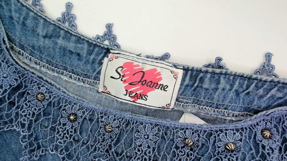 90s St. Joanne Jeans Denim Blouse Blue Chambray Crochet Lace Boxy Large L