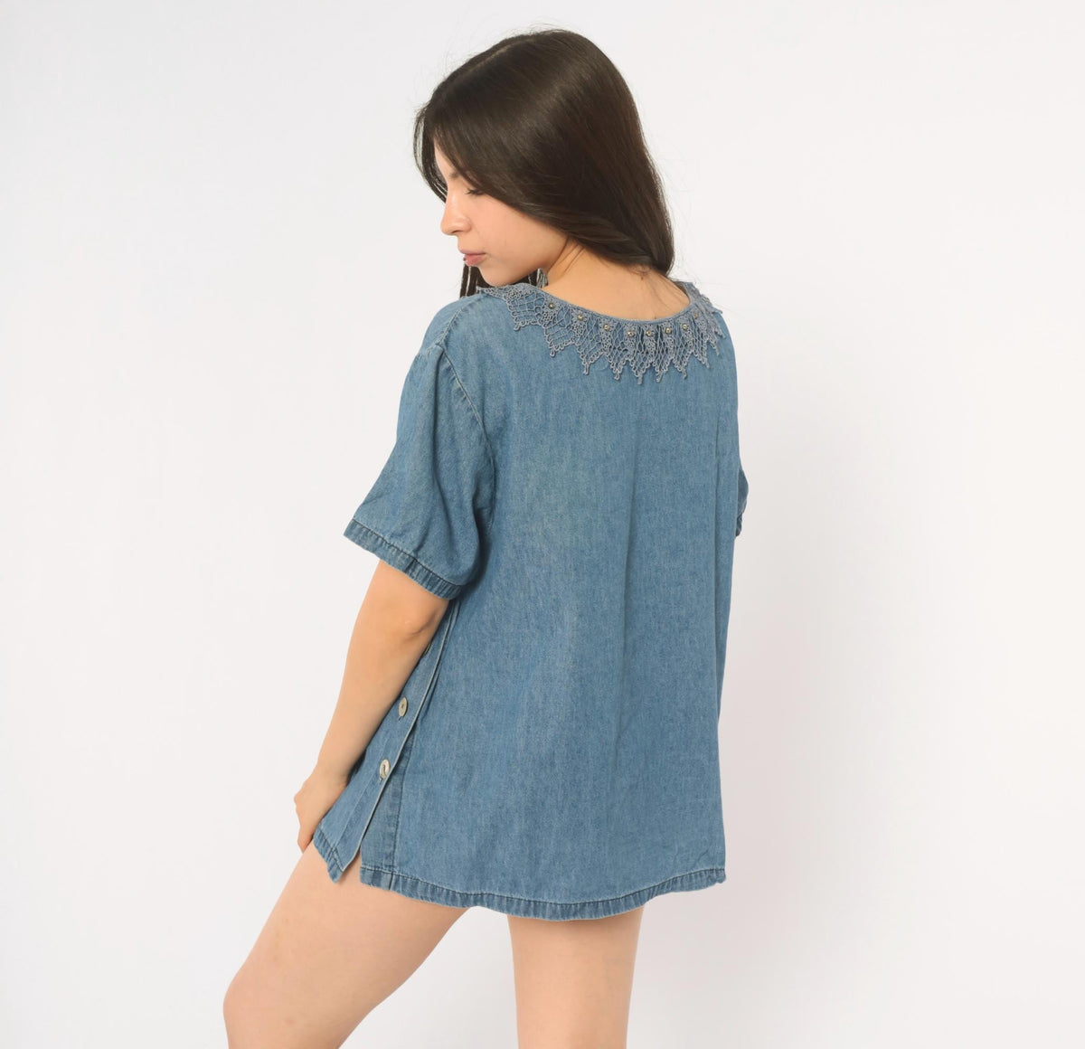 90s St. Joanne Jeans Denim Blouse Blue Chambray Crochet Lace Boxy Large L