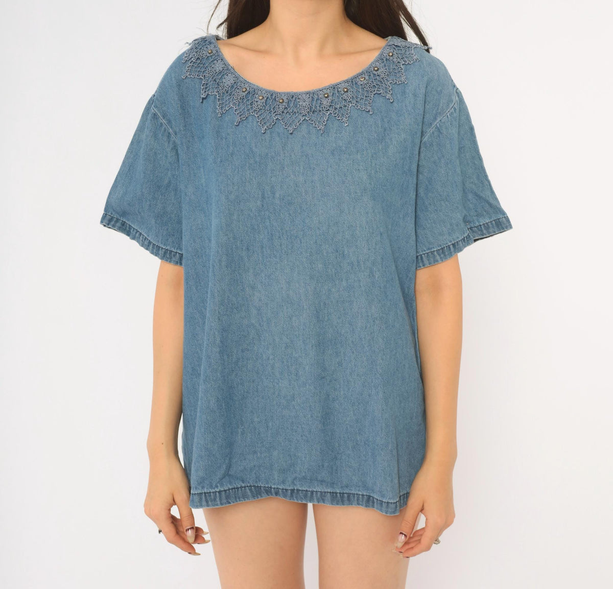 90s St. Joanne Jeans Denim Blouse Blue Chambray Crochet Lace Boxy Large L