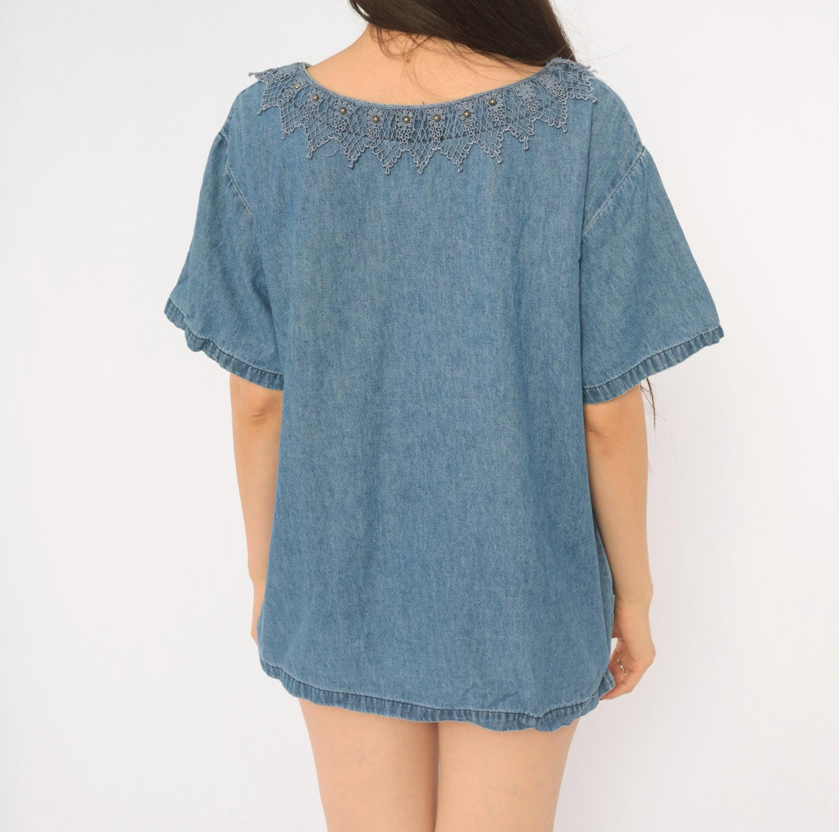 90s St. Joanne Jeans Denim Blouse Blue Chambray Crochet Lace Boxy Large L