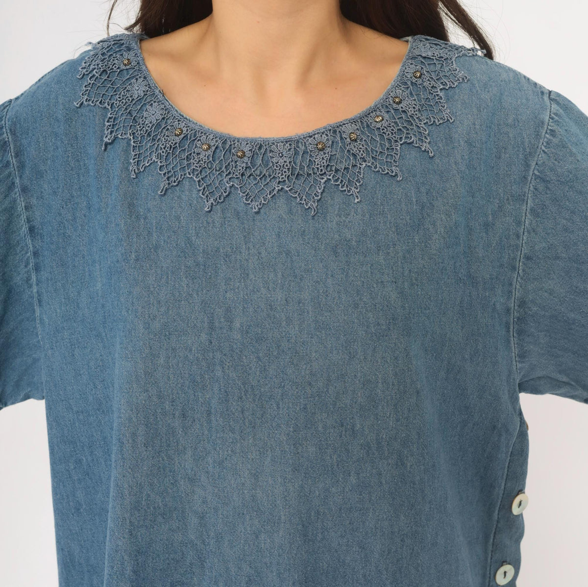90s St. Joanne Jeans Denim Blouse Blue Chambray Crochet Lace Boxy Large L