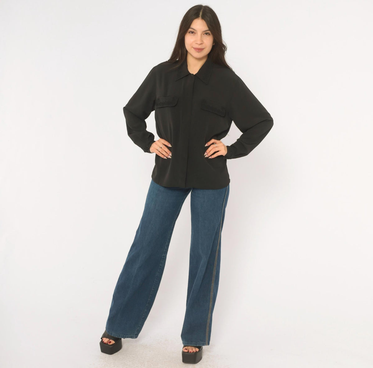 90s Fiji Sport Black Soutache Blouse Pointed Collar Embroidered Small S