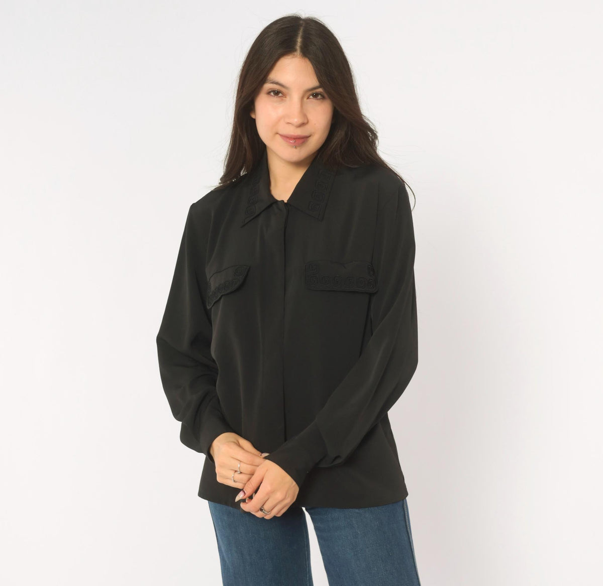 90s Fiji Sport Black Soutache Blouse Pointed Collar Embroidered Small S