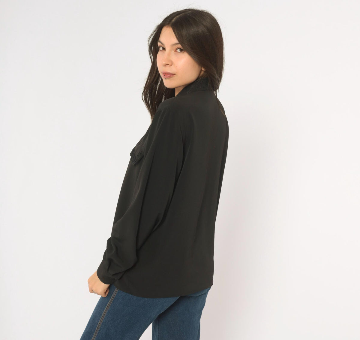 90s Fiji Sport Black Soutache Blouse Pointed Collar Embroidered Small S