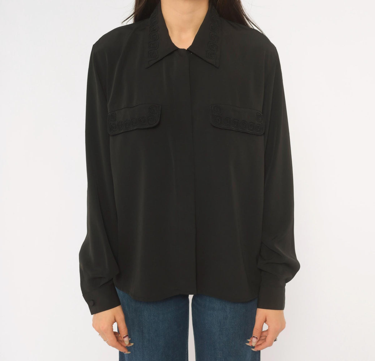 90s Fiji Sport Black Soutache Blouse Pointed Collar Embroidered Small S
