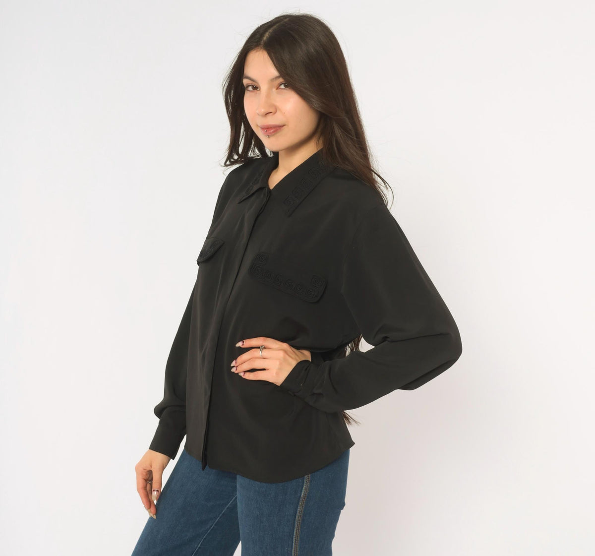 90s Fiji Sport Black Soutache Blouse Pointed Collar Embroidered Small S