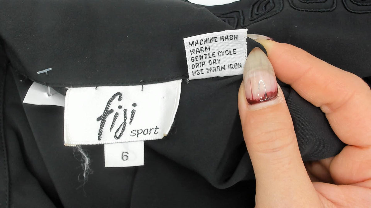 90s Fiji Sport Black Soutache Blouse Pointed Collar Embroidered Small S