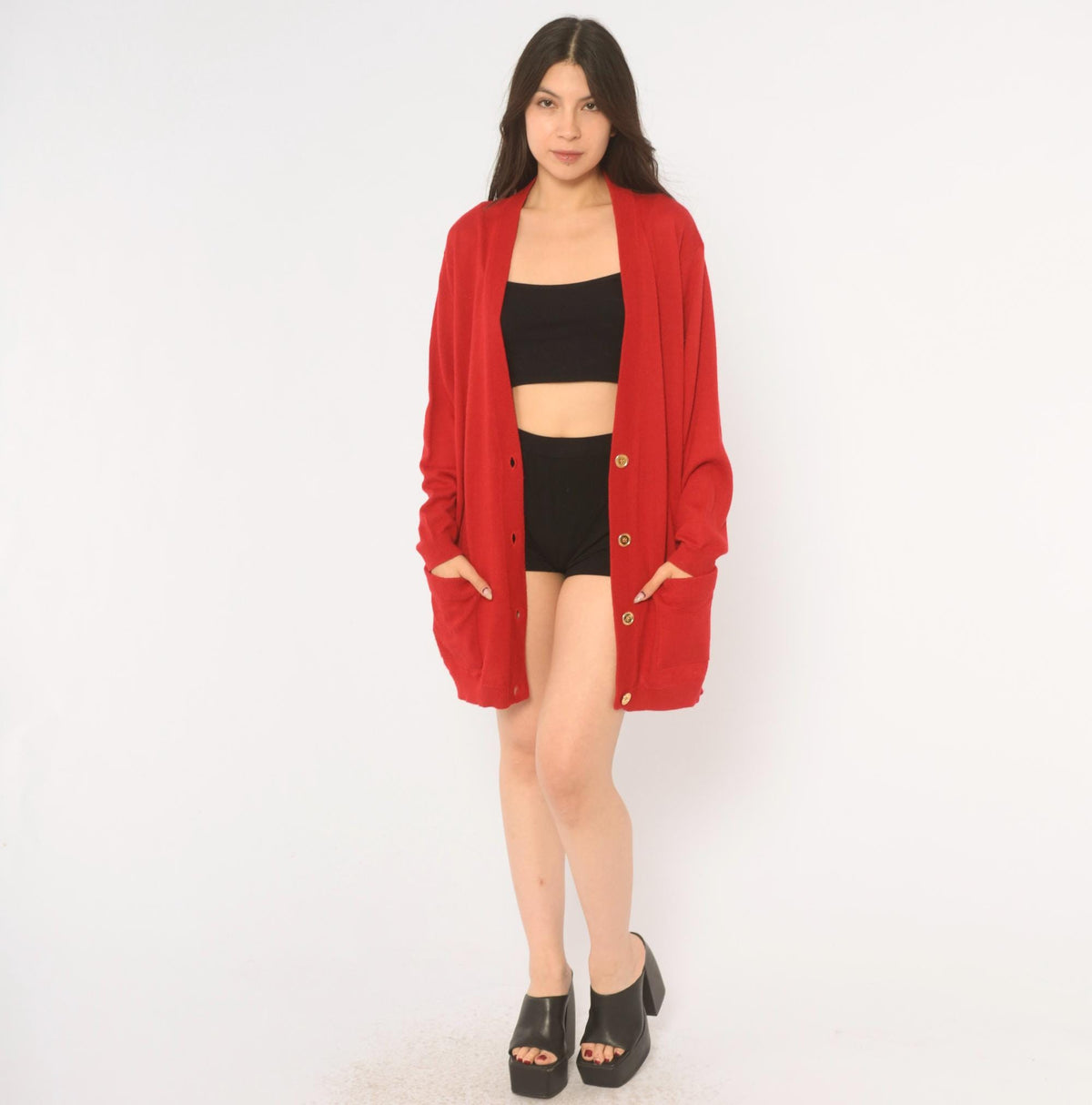 90s Red Wool Cardigan Patrick Tricot Deep V Knit Jacket Medium M