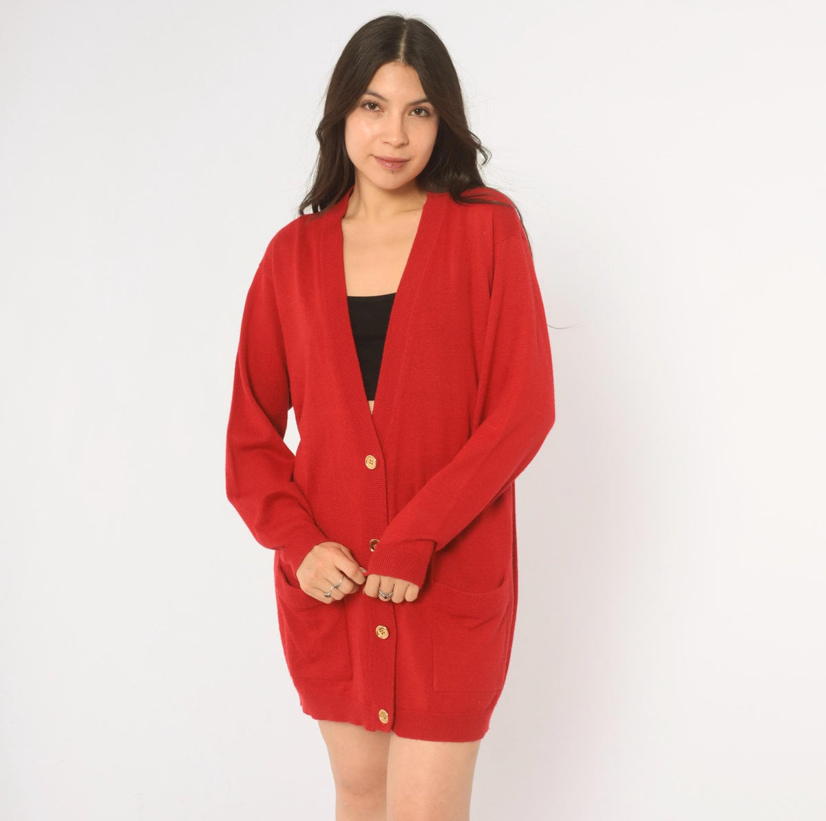 90s Red Wool Cardigan Patrick Tricot Deep V Knit Jacket Medium M