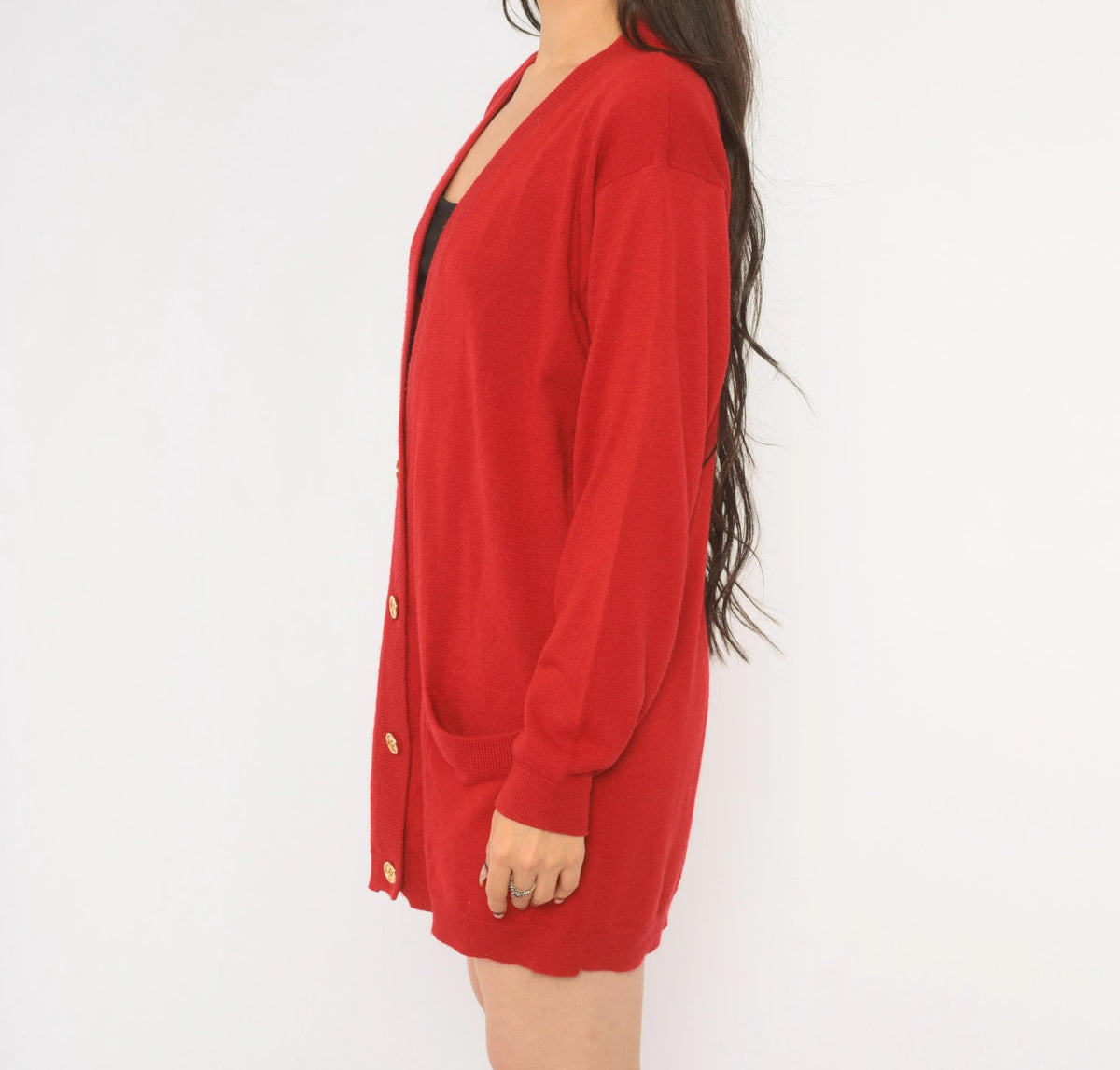 90s Red Wool Cardigan Patrick Tricot Deep V Knit Jacket Medium M