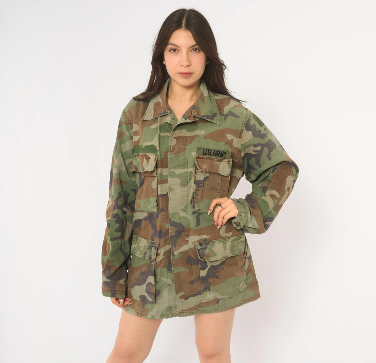 90s US Army Camouflage Field Shirt Olive Green Brown Cotton Button Front Medium