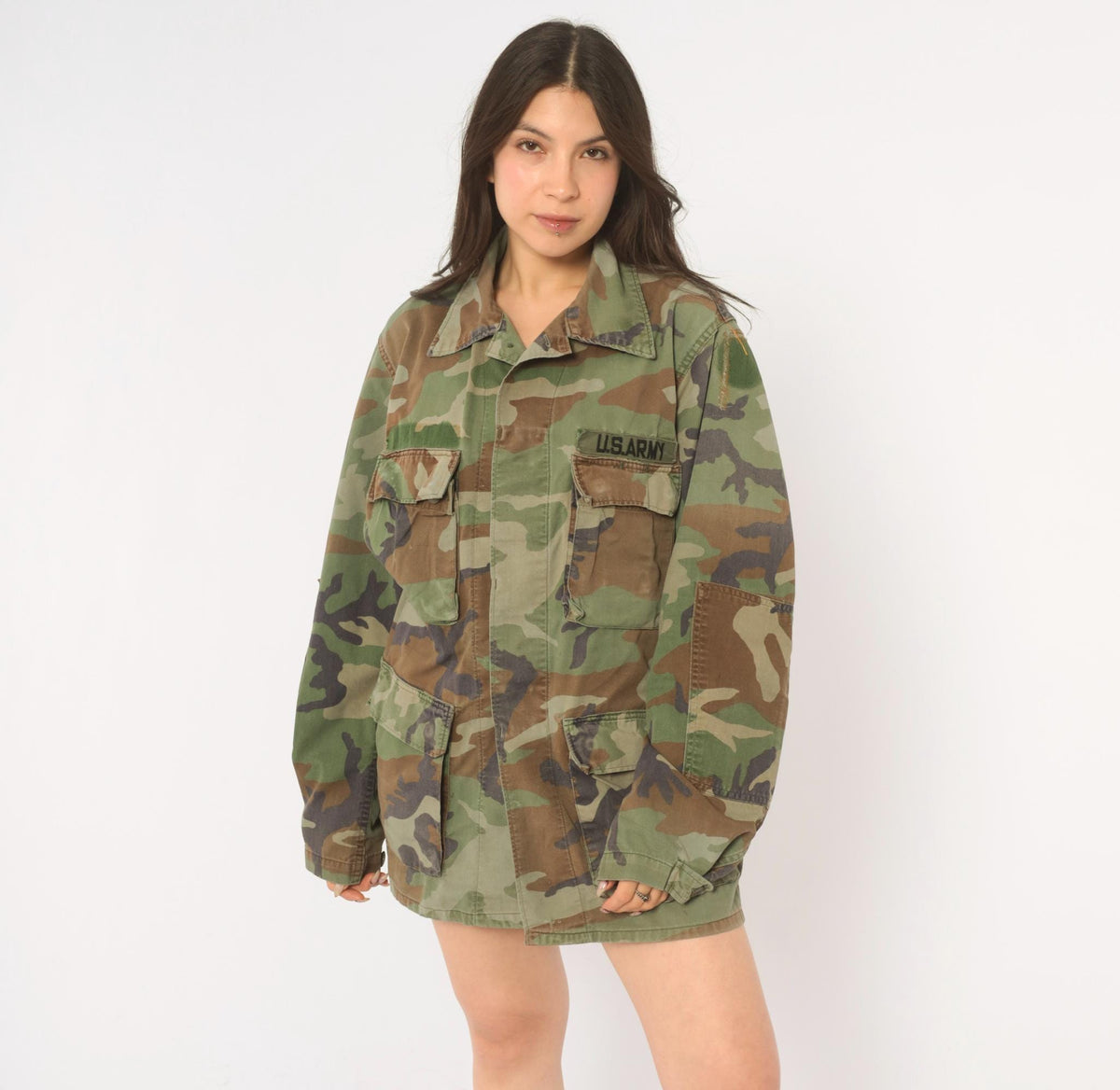 90s US Army Camouflage Field Shirt Olive Green Brown Cotton Button Front Medium