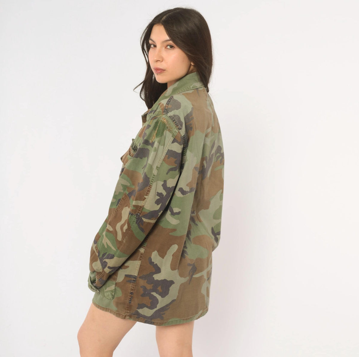 90s US Army Camouflage Field Shirt Olive Green Brown Cotton Button Front Medium
