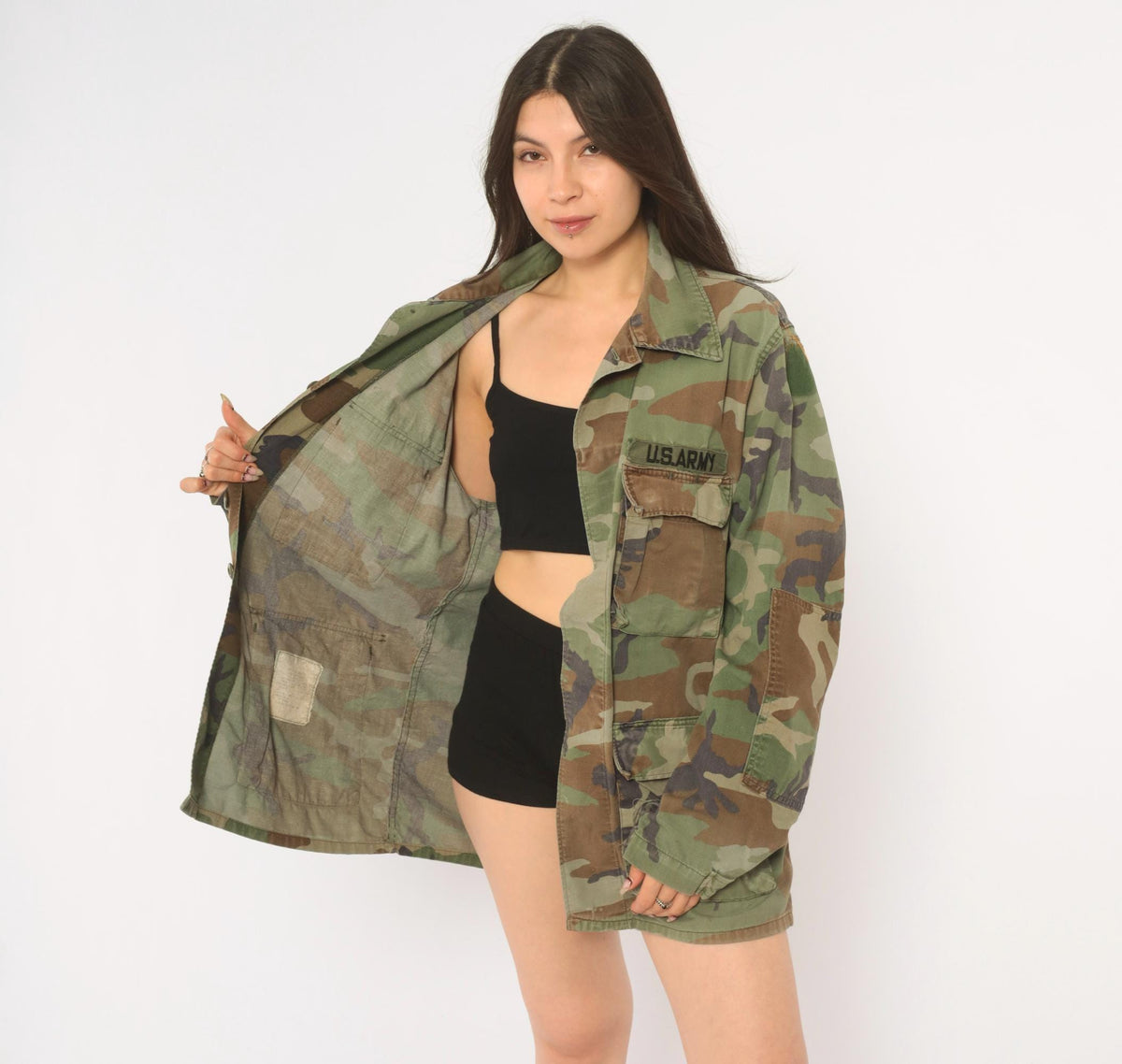 90s US Army Camouflage Field Shirt Olive Green Brown Cotton Button Front Medium