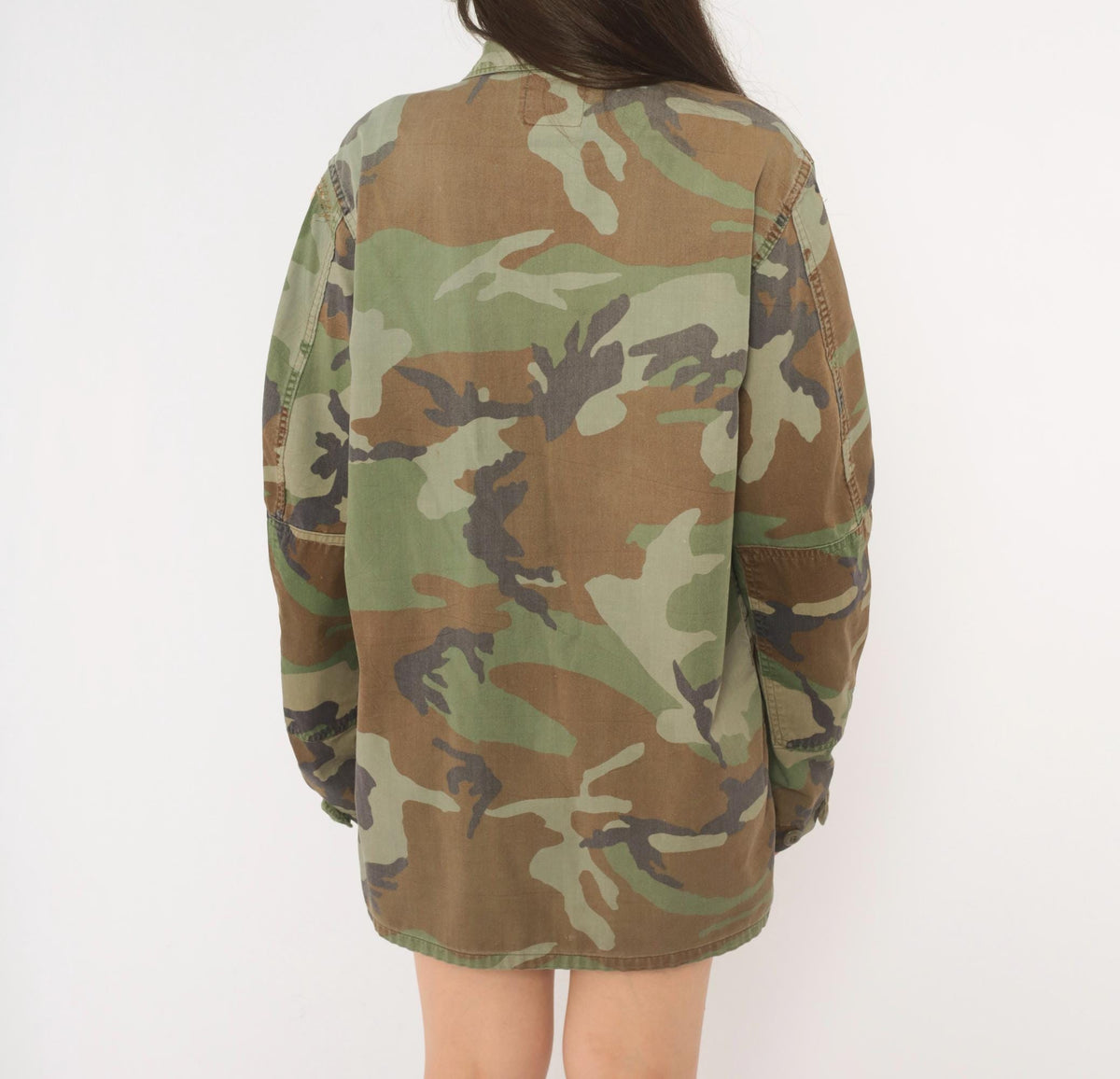 90s US Army Camouflage Field Shirt Olive Green Brown Cotton Button Front Medium