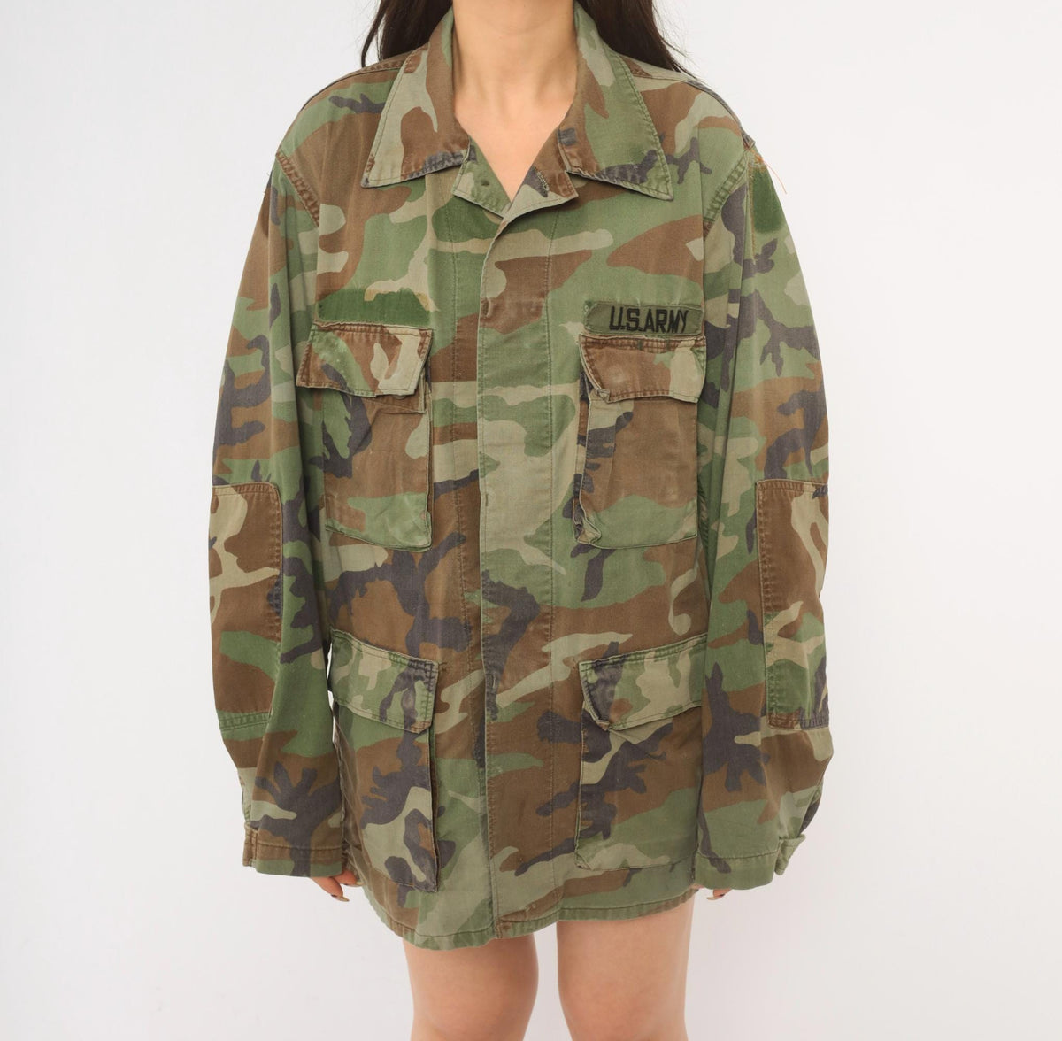90s US Army Camouflage Field Shirt Olive Green Brown Cotton Button Front Medium