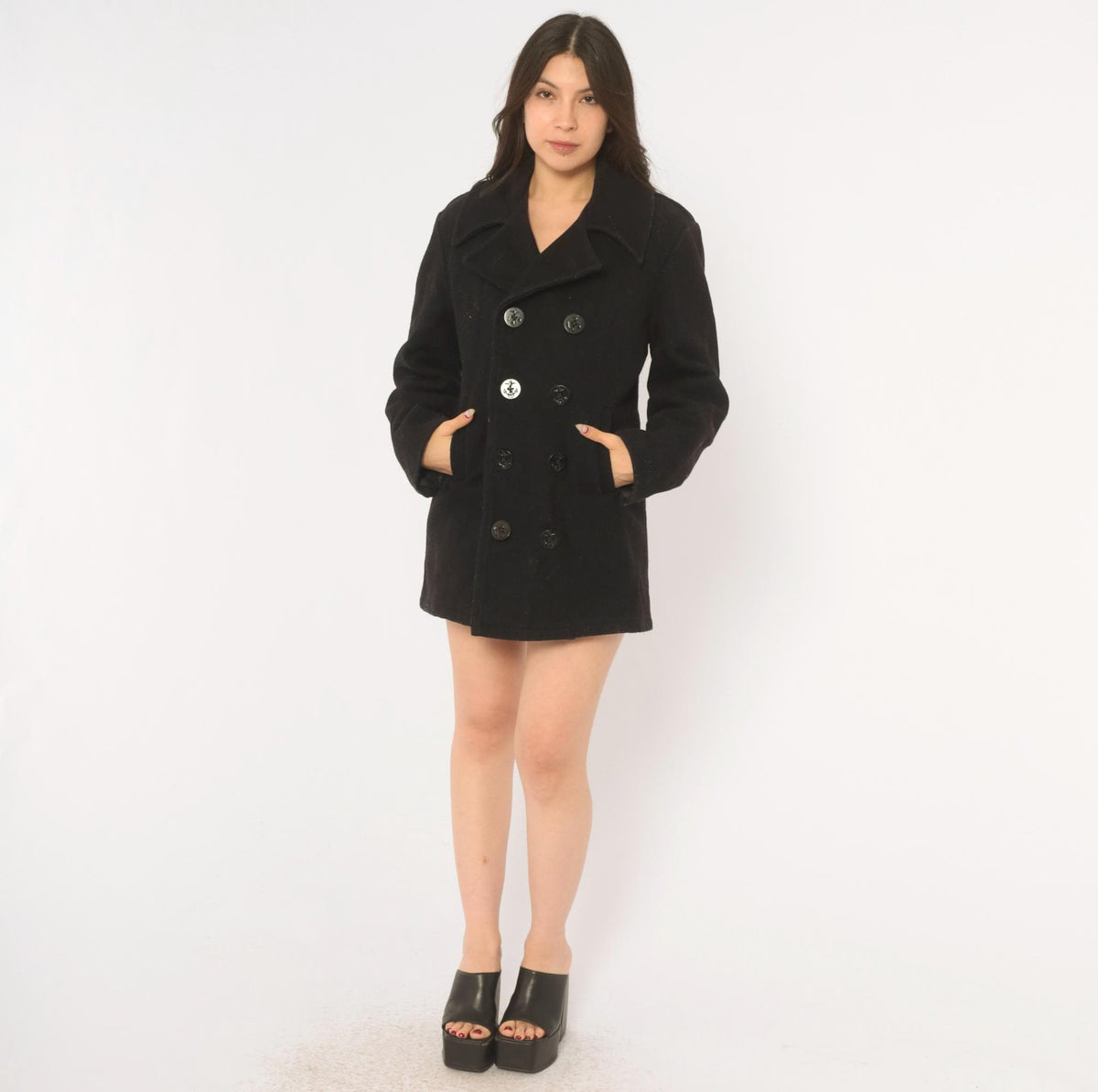 80s Black Wool Peacoat Double Breasted Anchor Button Military Jacket Small S