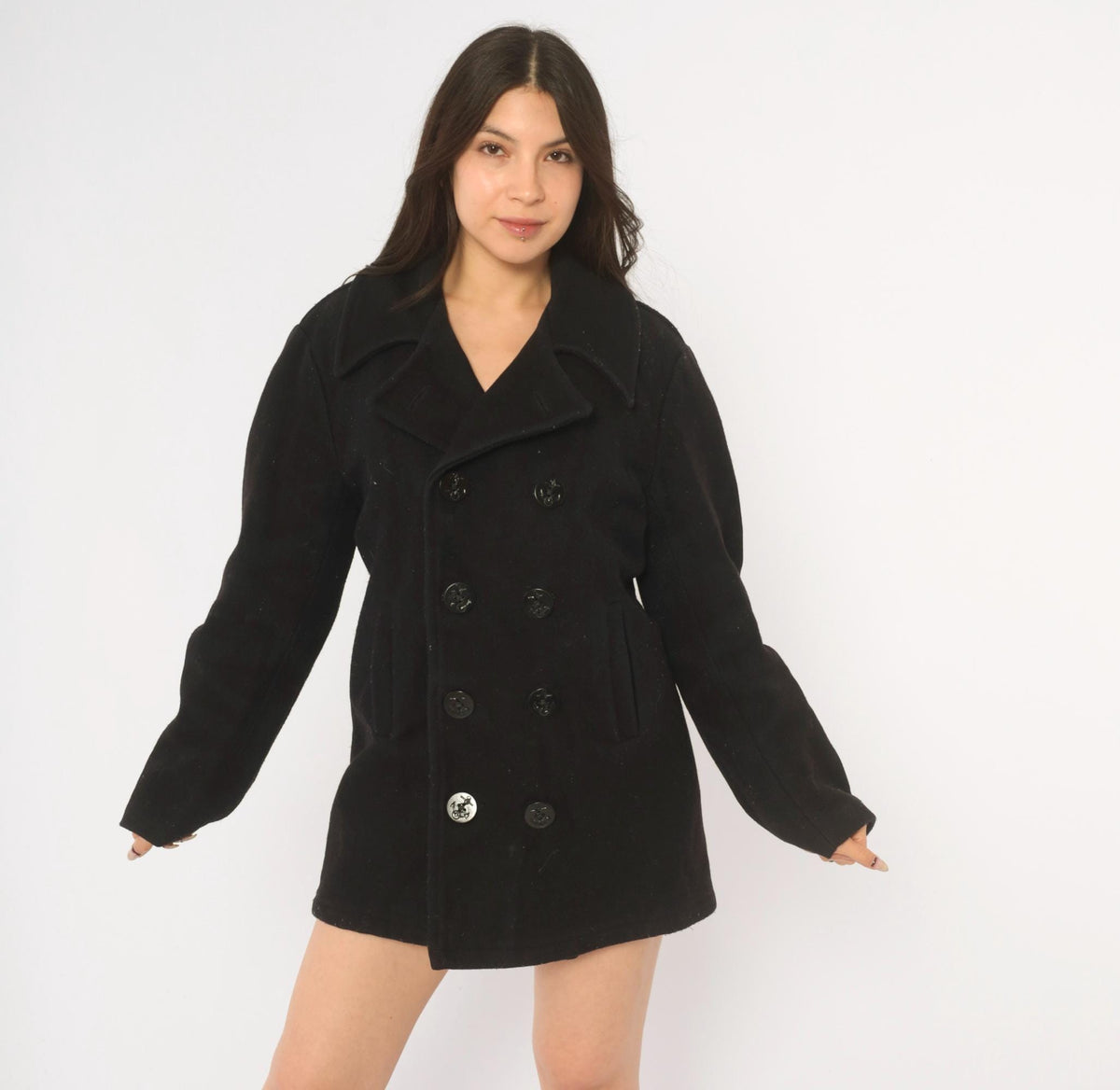 80s Black Wool Peacoat Double Breasted Anchor Button Military Jacket Small S