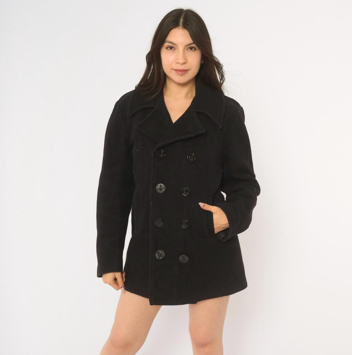 80s Black Wool Peacoat Double Breasted Anchor Button Military Jacket Small S