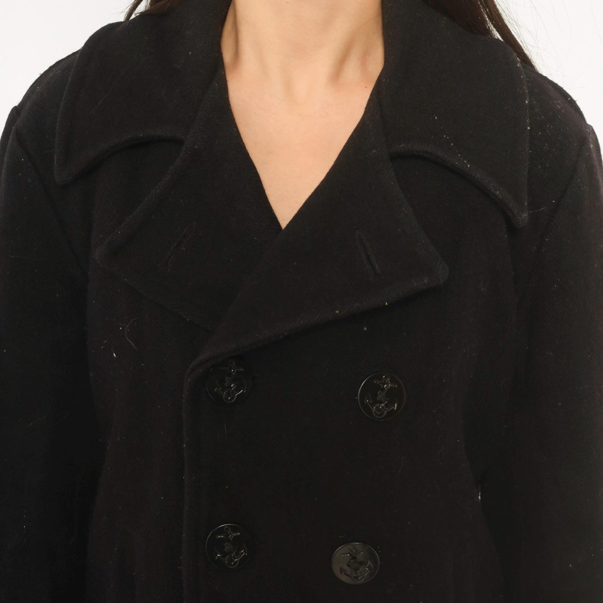 80s Black Wool Peacoat Double Breasted Anchor Button Military Jacket Small S