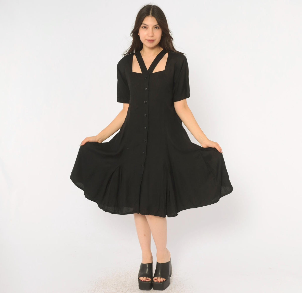 90s Styleworks Black Button Front Dress Square Neck Cutout A-Line Medium