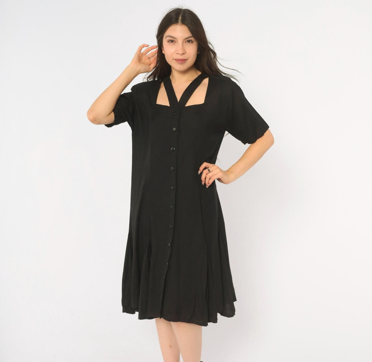 90s Styleworks Black Button Front Dress Square Neck Cutout A-Line Medium