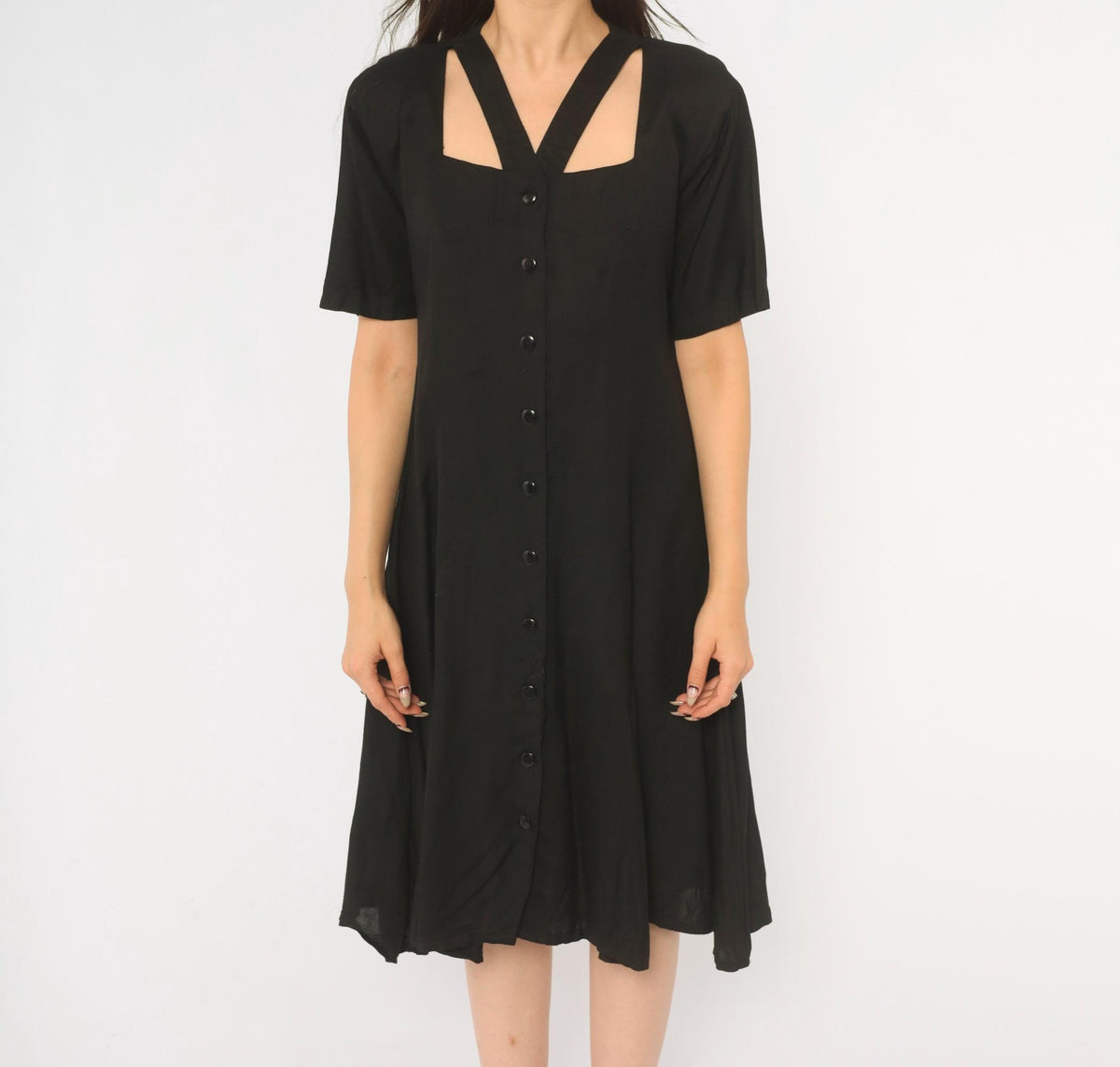 90s Styleworks Black Button Front Dress Square Neck Cutout A-Line Medium