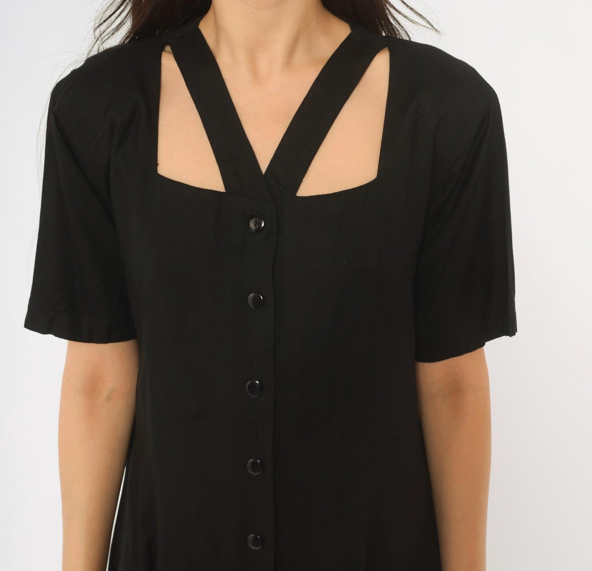 90s Styleworks Black Button Front Dress Square Neck Cutout A-Line Medium