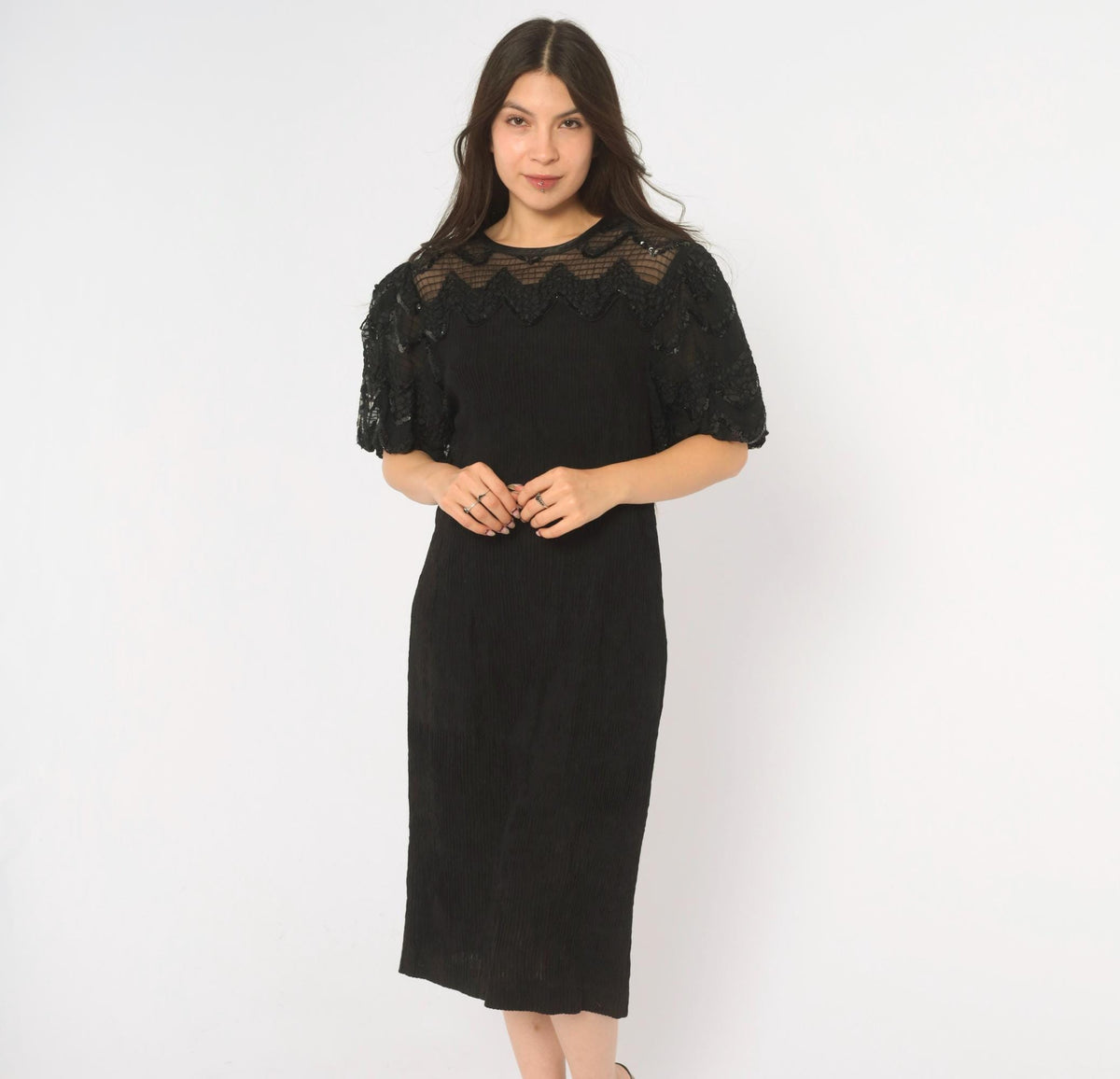 90s Leslie Fay Black Sequin Midi Dress Sheer Yoke Puff Sleeve Medium M