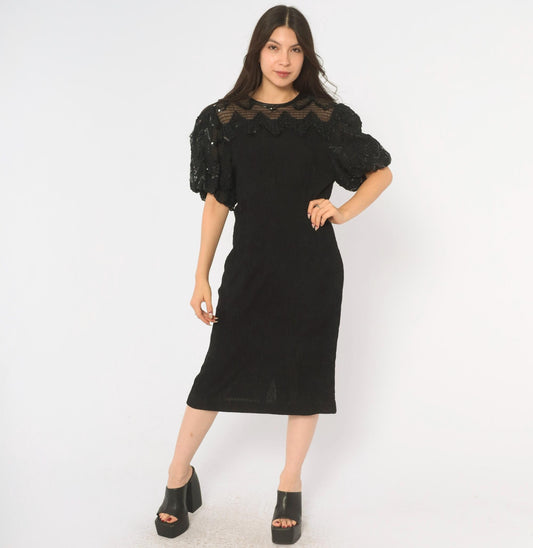 90s Leslie Fay Black Sequin Midi Dress Sheer Yoke Puff Sleeve Medium M