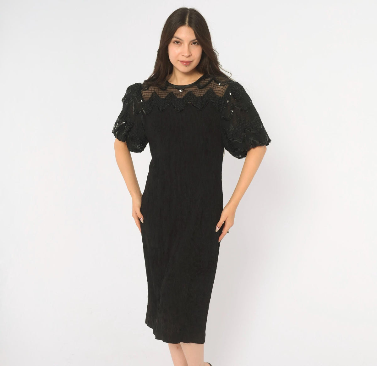 90s Leslie Fay Black Sequin Midi Dress Sheer Yoke Puff Sleeve Medium M