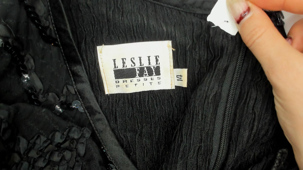 90s Leslie Fay Black Sequin Midi Dress Sheer Yoke Puff Sleeve Medium M