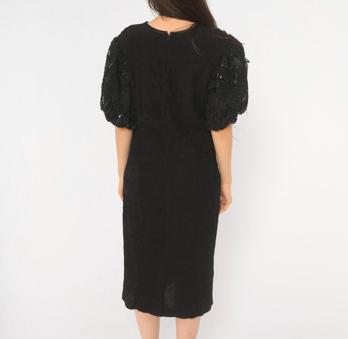 90s Leslie Fay Black Sequin Midi Dress Sheer Yoke Puff Sleeve Medium M