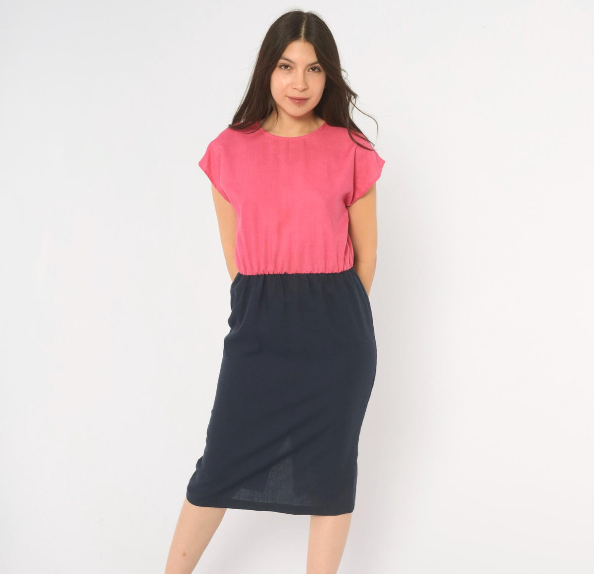 80s Color Block Dress Pink Navy Blouson Cap Sleeve Pencil Small