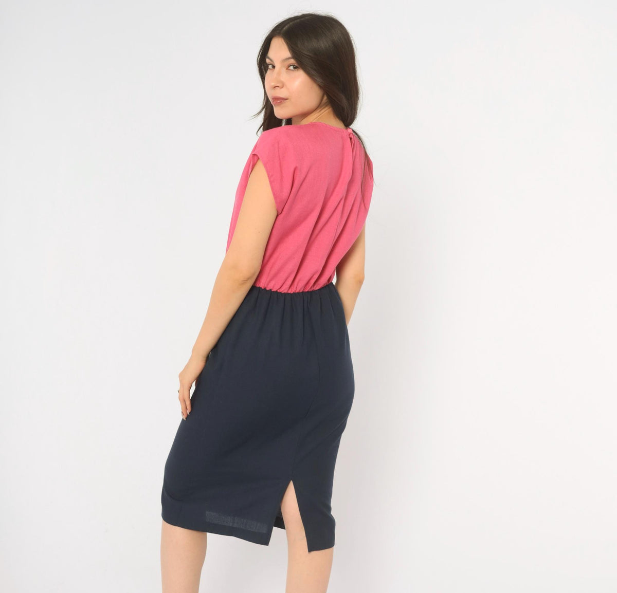 80s Color Block Dress Pink Navy Blouson Cap Sleeve Pencil Small