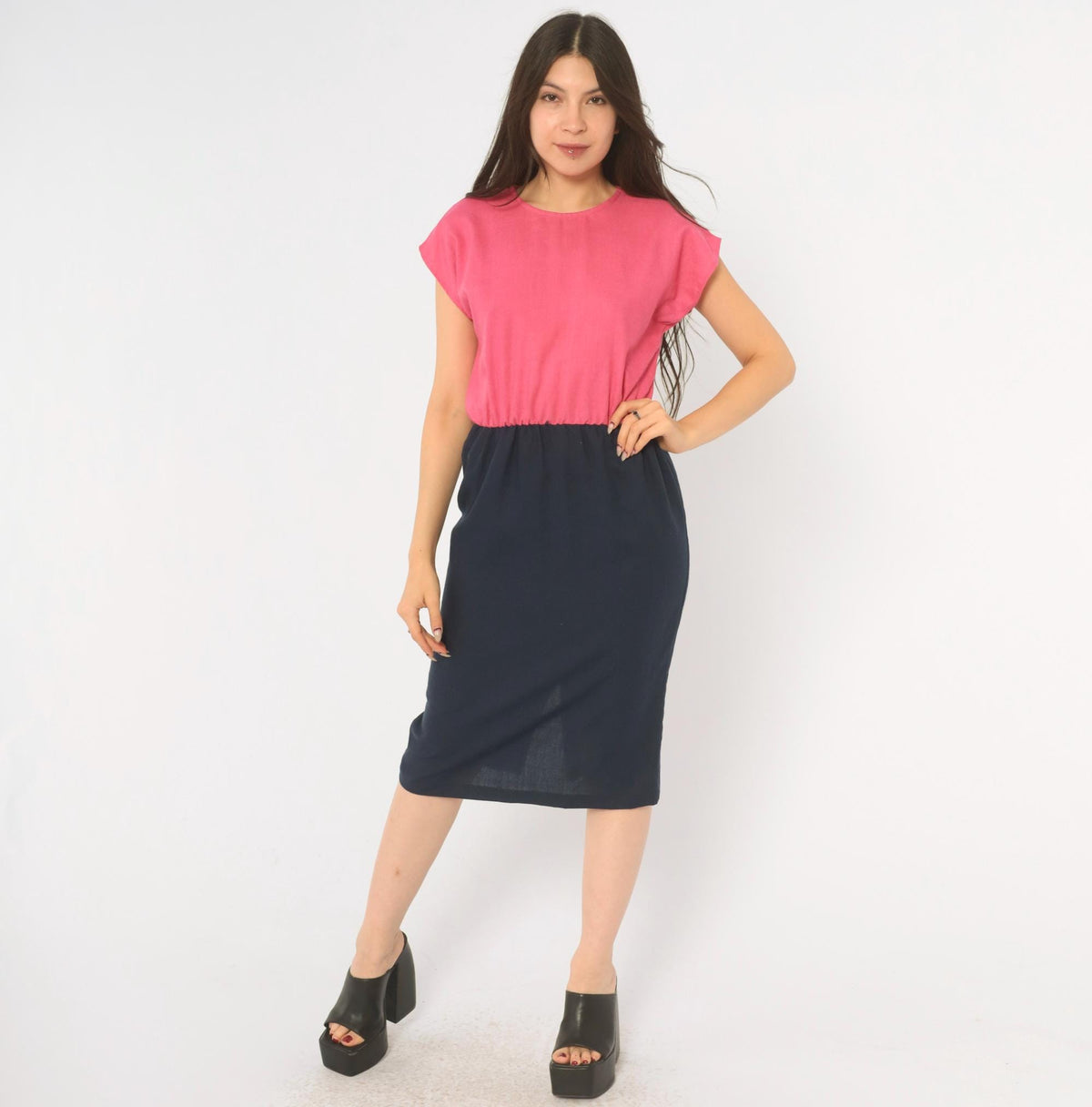 80s Color Block Dress Pink Navy Blouson Cap Sleeve Pencil Small