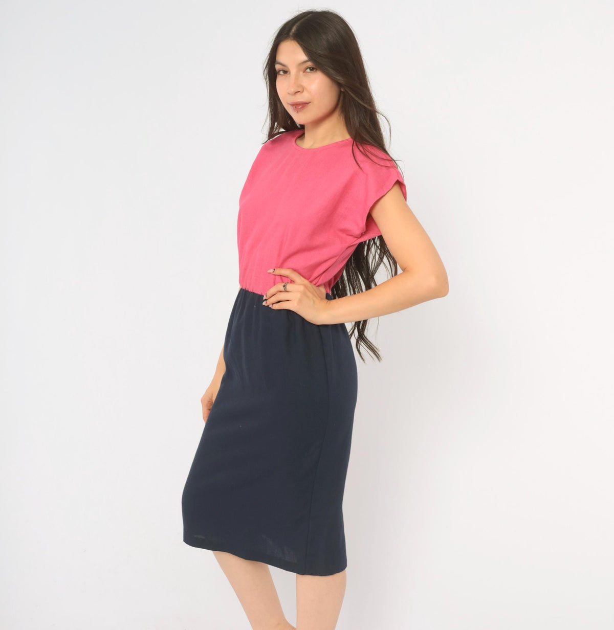 80s Color Block Dress Pink Navy Blouson Cap Sleeve Pencil Small