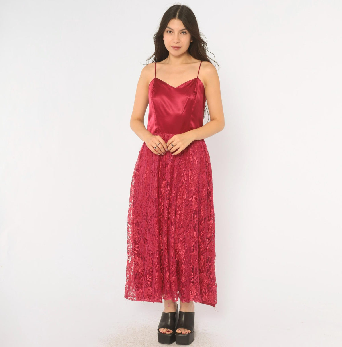 70s Burgundy Lace Evening Dress Satin Cowl Neck Spaghetti Strap Ankle Length Medium