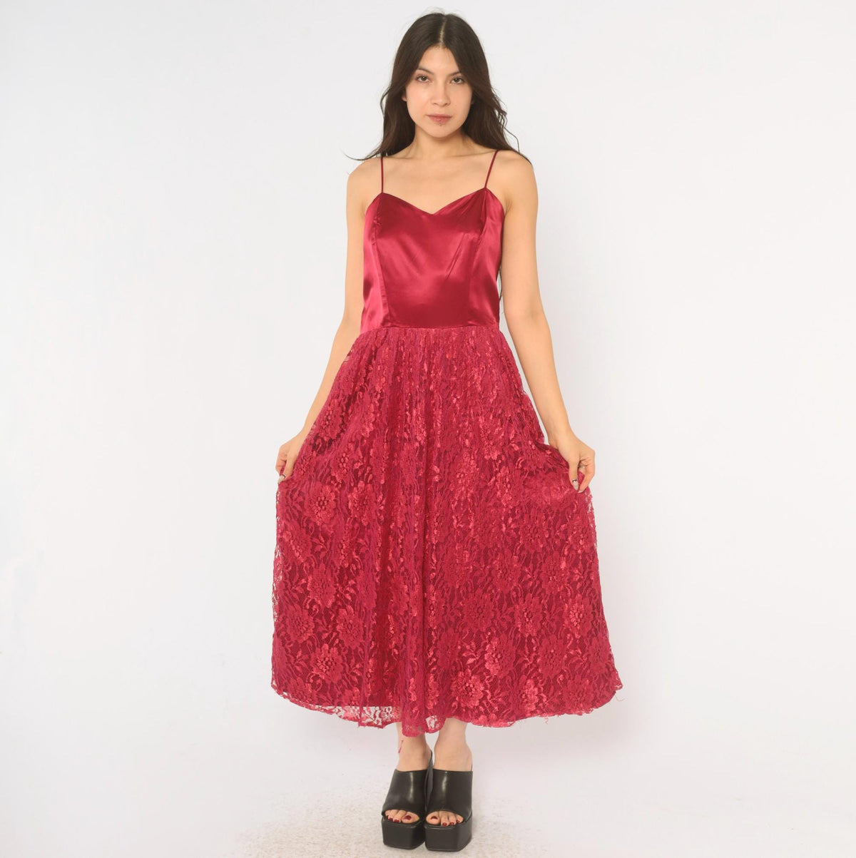 70s Burgundy Lace Evening Dress Satin Cowl Neck Spaghetti Strap Ankle Length Medium