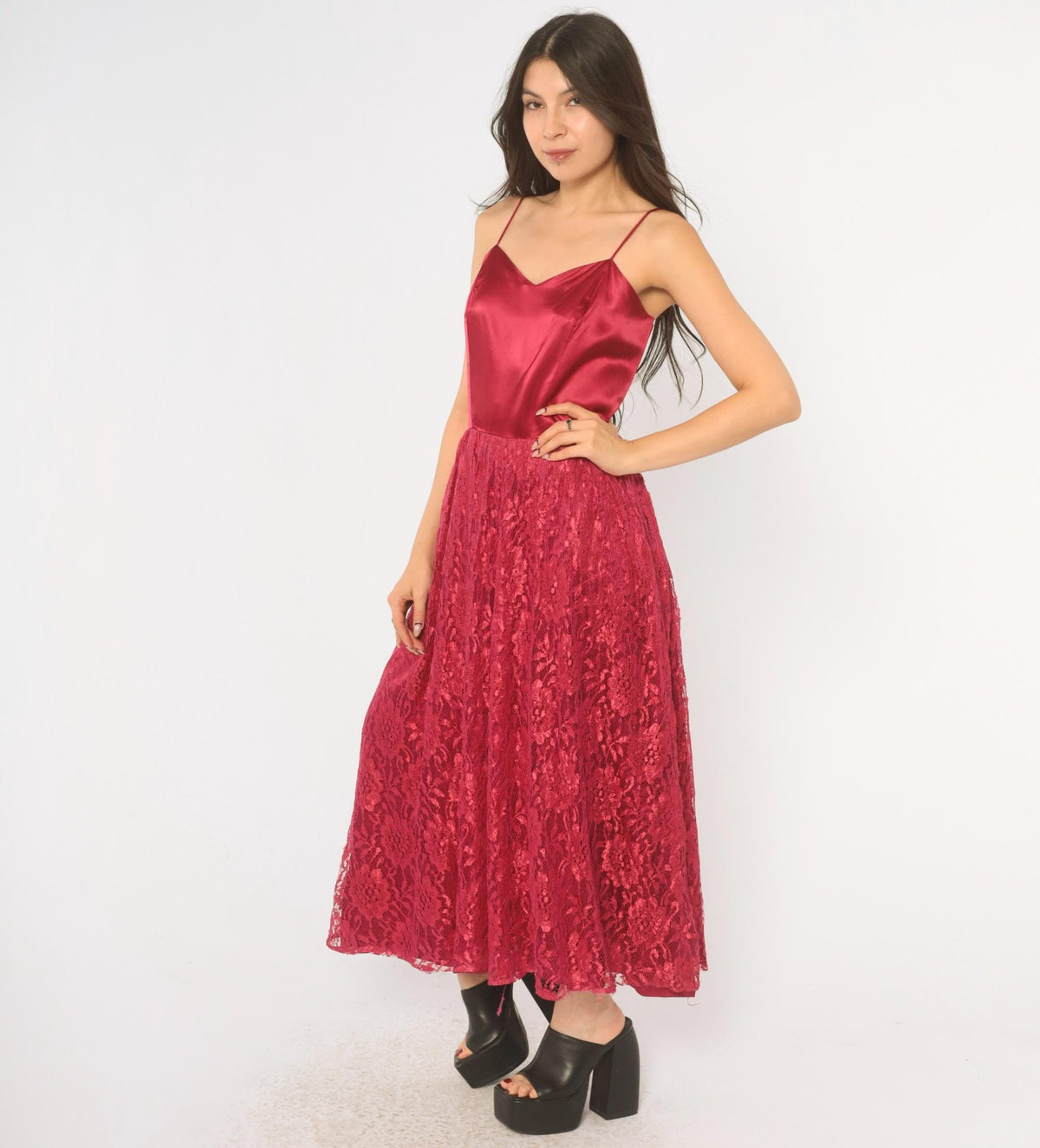 70s Burgundy Lace Evening Dress Satin Cowl Neck Spaghetti Strap Ankle Length Medium