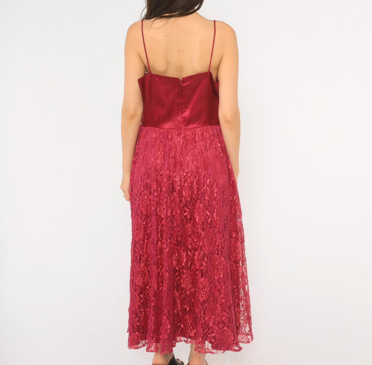 70s Burgundy Lace Evening Dress Satin Cowl Neck Spaghetti Strap Ankle Length Medium