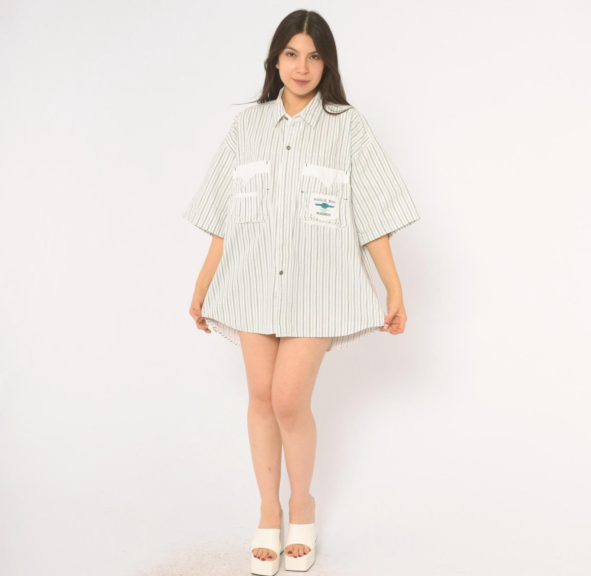 90s Bugle Boy Pinstripe Cotton Shirt White Grey Button Front Extra Large XL