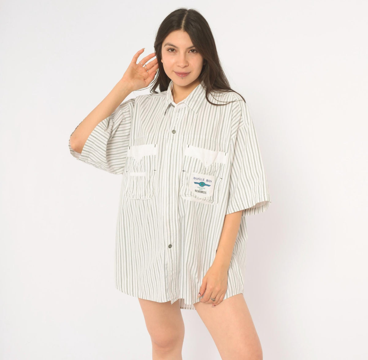 90s Bugle Boy Pinstripe Cotton Shirt White Grey Button Front Extra Large XL