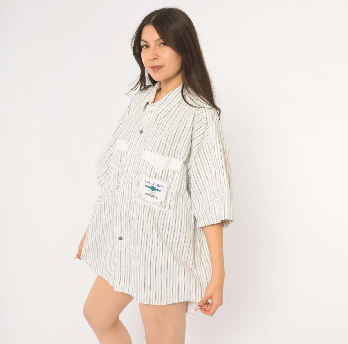 90s Bugle Boy Pinstripe Cotton Shirt White Grey Button Front Extra Large XL