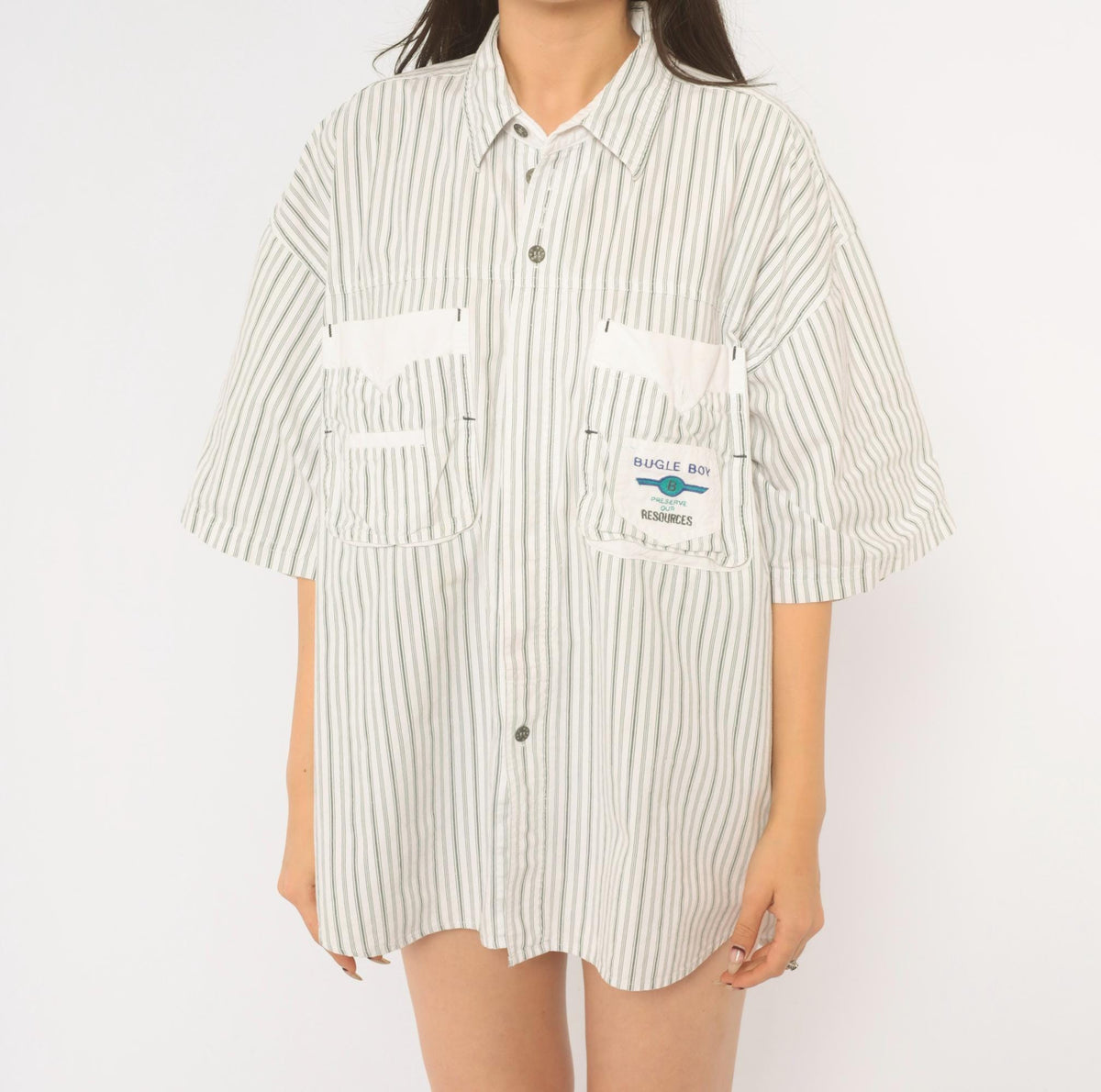 90s Bugle Boy Pinstripe Cotton Shirt White Grey Button Front Extra Large XL