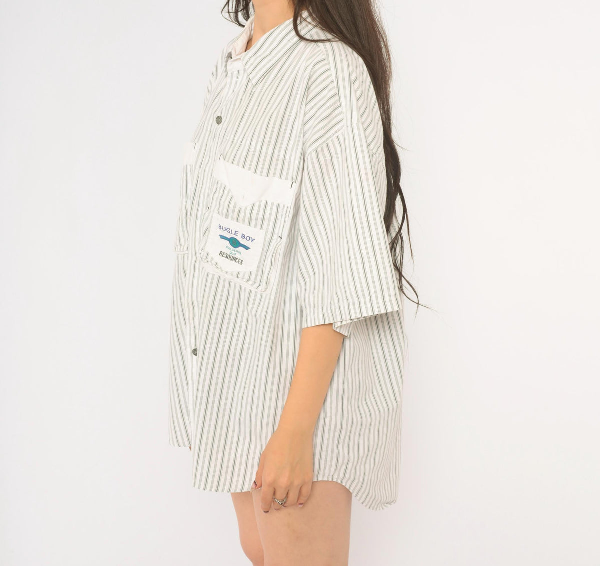 90s Bugle Boy Pinstripe Cotton Shirt White Grey Button Front Extra Large XL