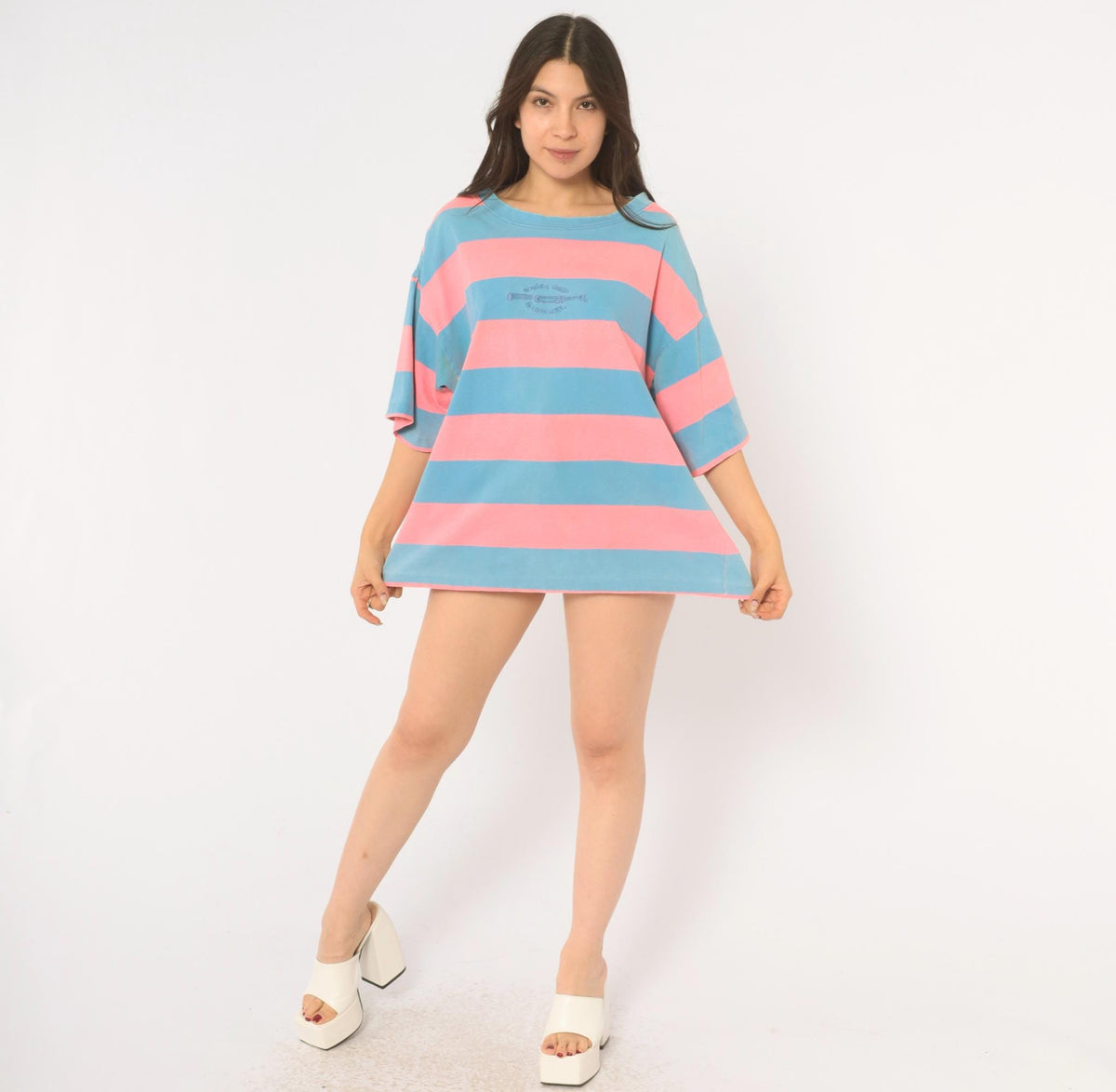 90s Pacific Coast Highway Rugby Stripe T-Shirt Pink Blue Cotton Extra Large