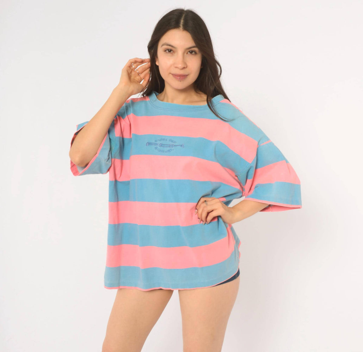 90s Pacific Coast Highway Rugby Stripe T-Shirt Pink Blue Cotton Extra Large