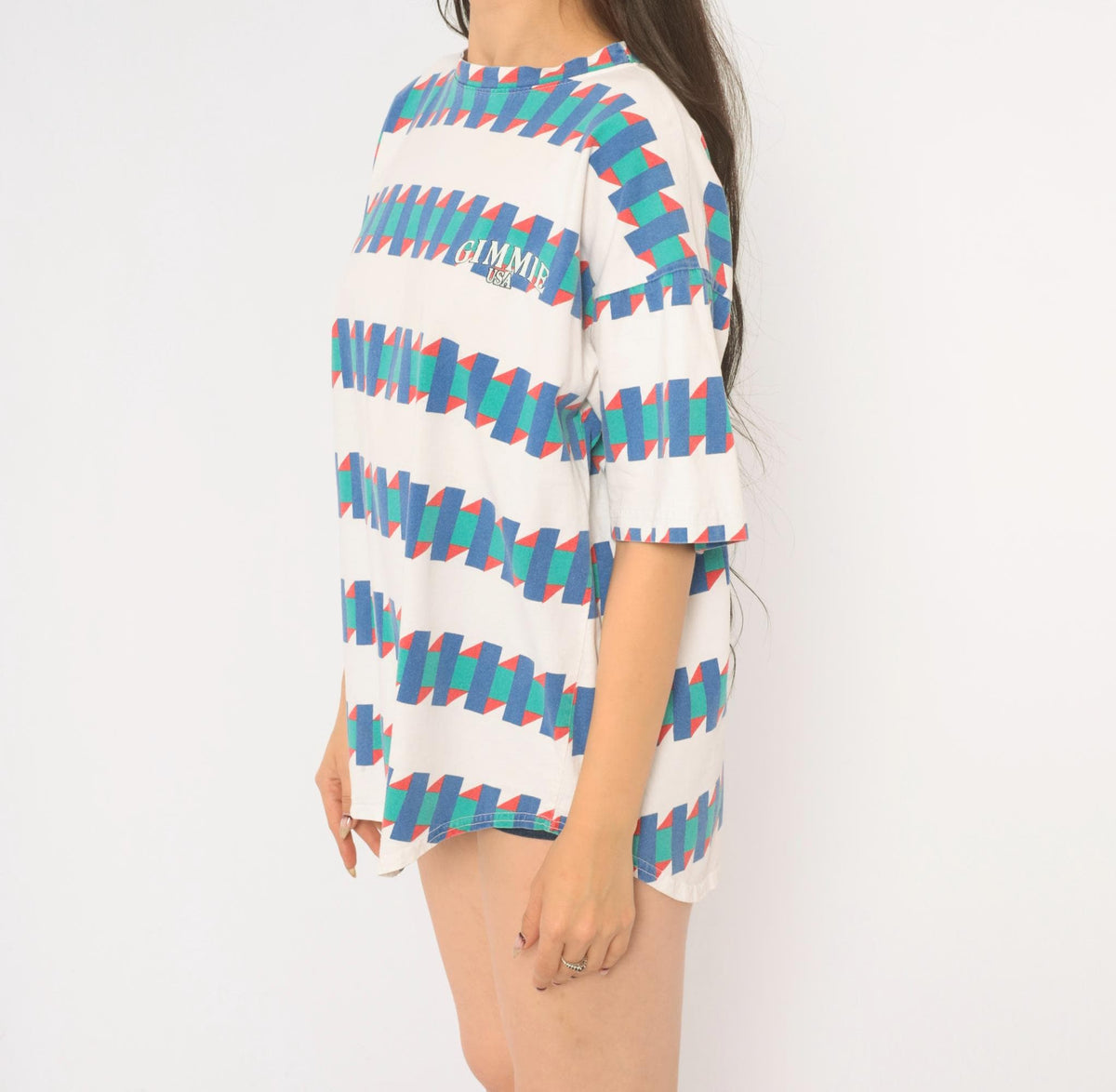 90s Gimmie USA Geometric Zigzag Cotton Tee White Blue Green Red Large L