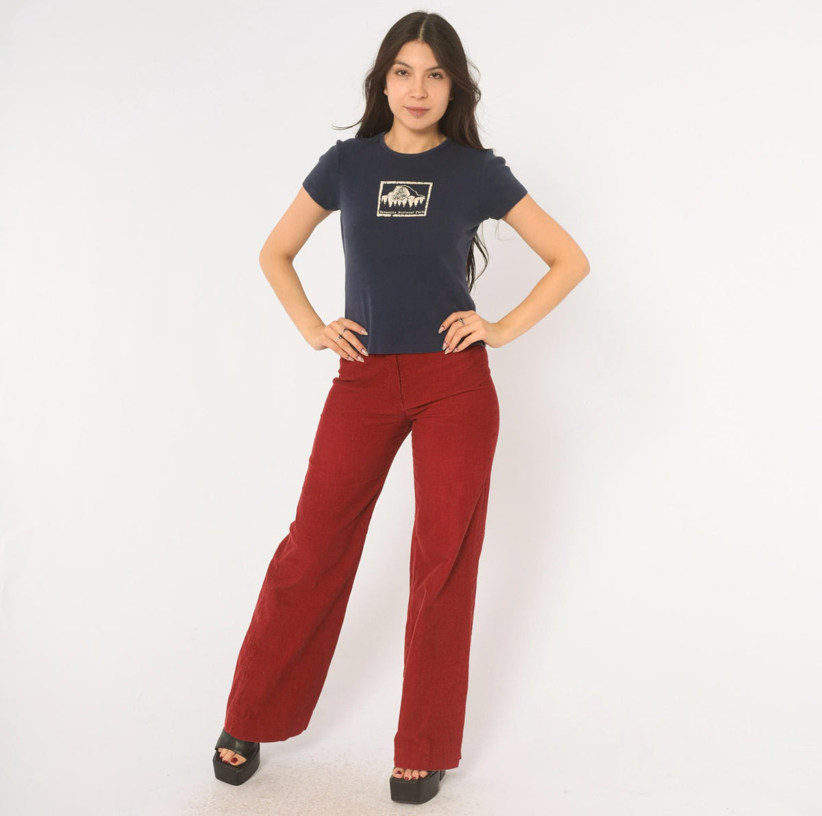 Y2K Kavio Yosemite National Park Baby Tee Navy Blue Mountain Graphic Medium M